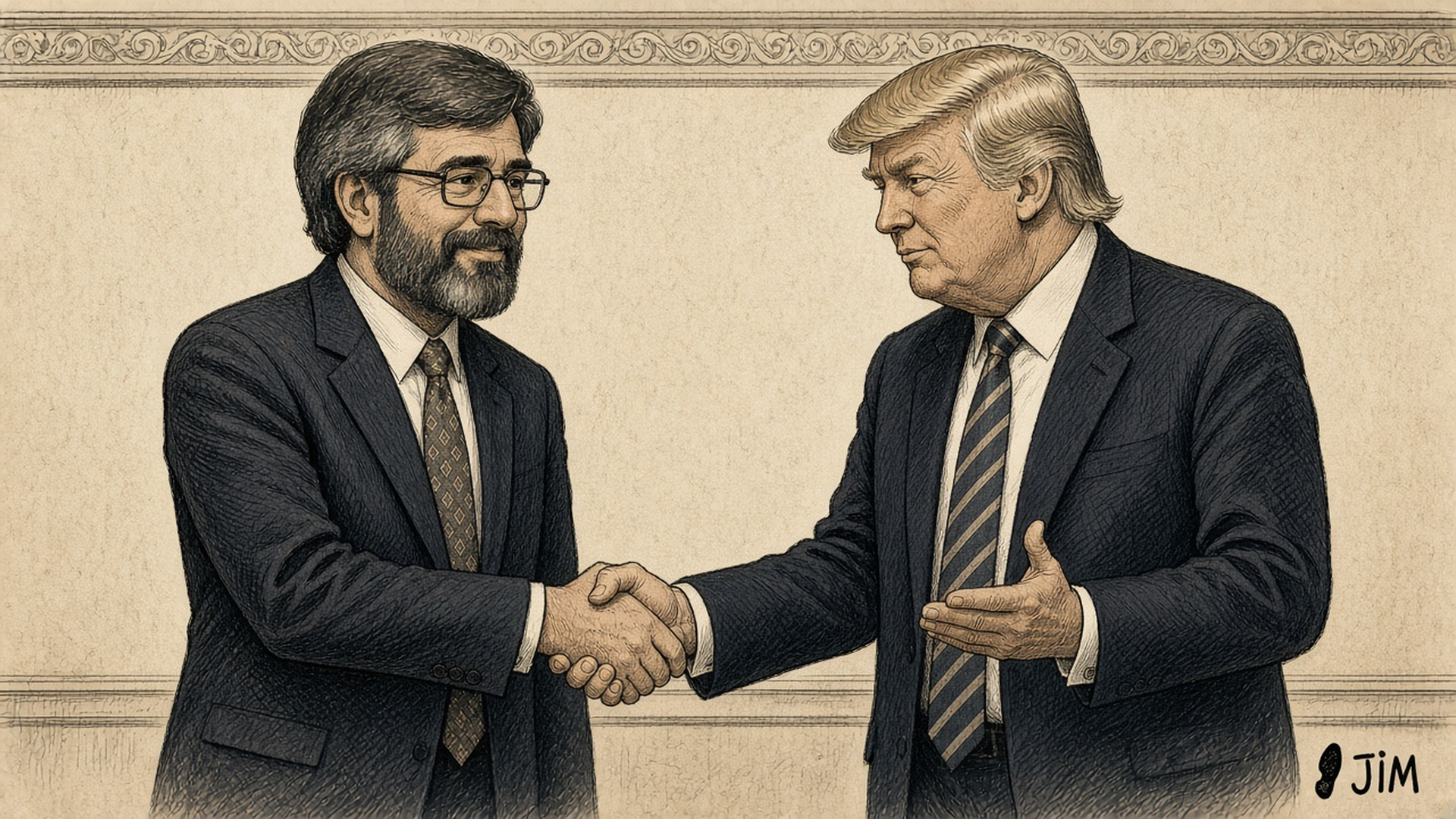 Jim cartoon — Gerry Adams and Donald Trump handshake